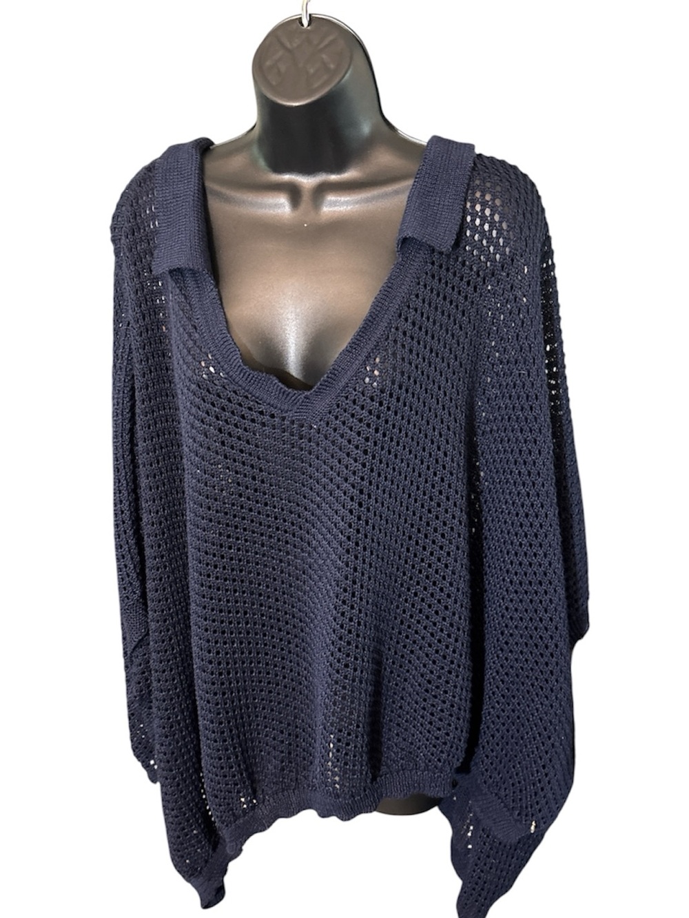ANNE KLEIN Deep Blue / Navy V-Neck Open-Knit Poncho Sweater